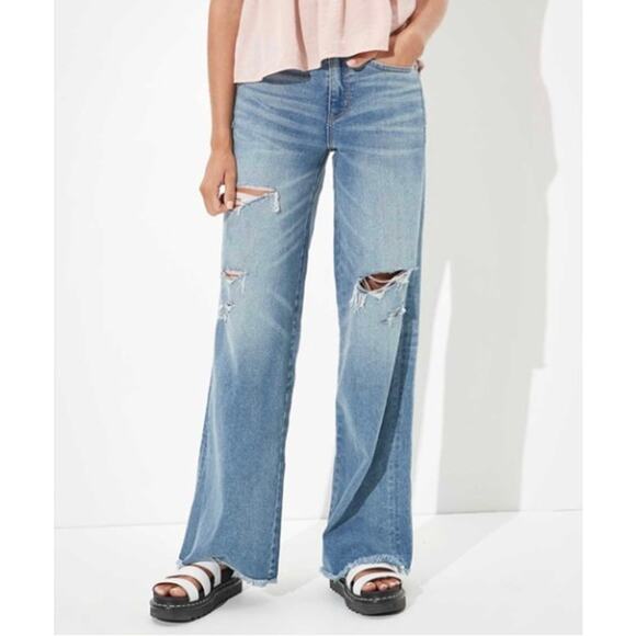 American Eagle High Rise Wide Leg Stretch Jean Distressed Ripped 4 Regular - Picture 1 of 7